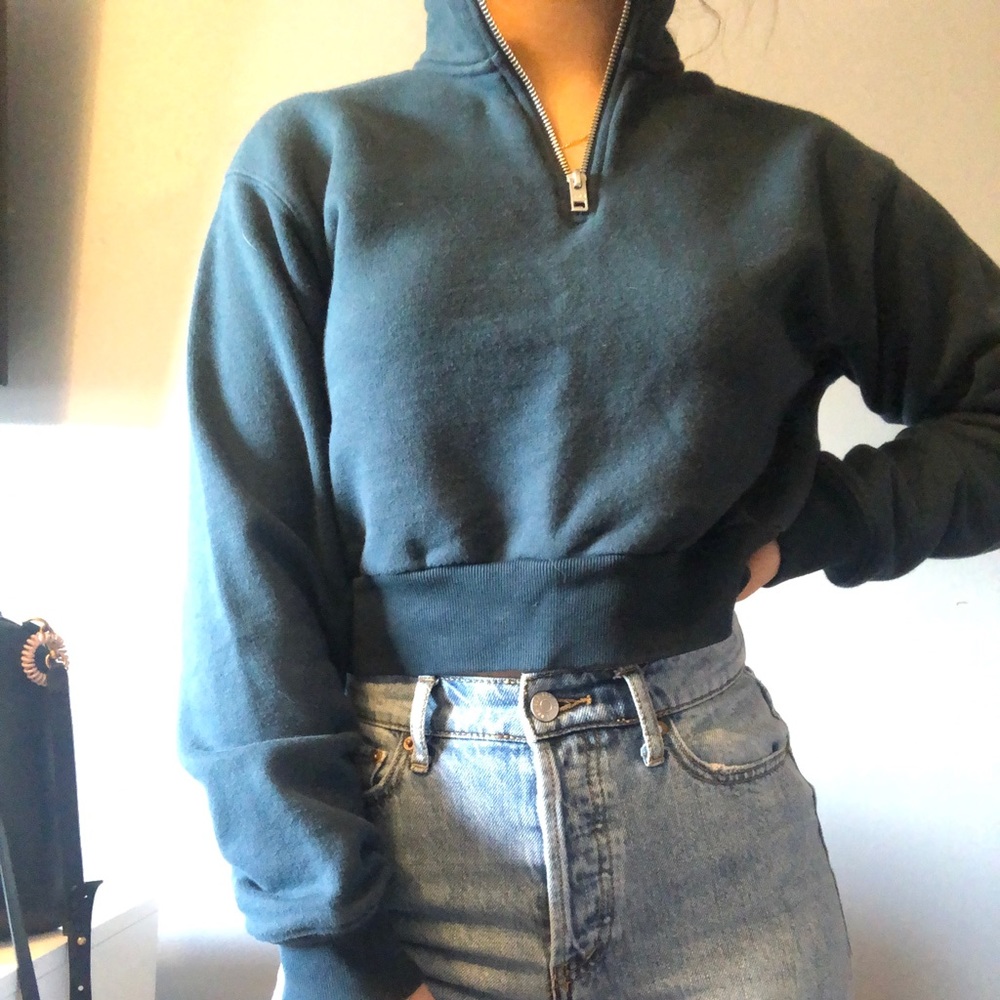 Aritzia Dark Teal Half-Zip Cropped Sweater